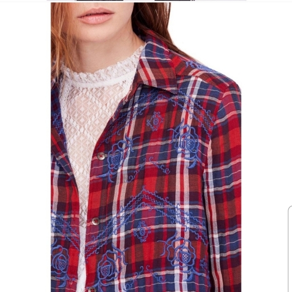 Free People Magical Plaid Embroidered Button Down Shirt Small - Picture 12 of 13